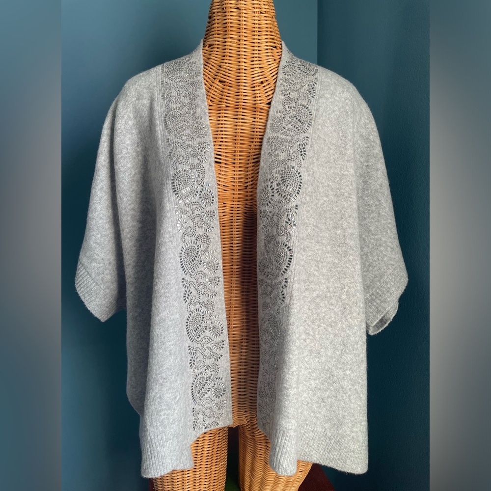 Chico’s Embellished Placket Sweater Grey Open Front Cardigan Sparkle XXS/XS
